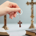 Wooden Crucifix Keychain Engraved Cross Silver Ring Chain view 3