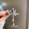 Blue Threaded Butterfly Brooch With Gold Wing And Teardrop Tassels view 2