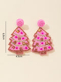 Beaded Christmas Tree Drop Earrings Rhinestone Sequin Pink Green view 6