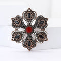 Antique Tone Floral Medallion Brooch with Red Center view 2