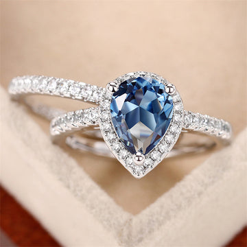 Blue Pear Halo Crystal Ring Set White Gold Tone Sizes 6-10