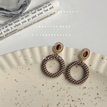 Houndstooth Circle Drop Earrings Red Cabochon Gold Stud