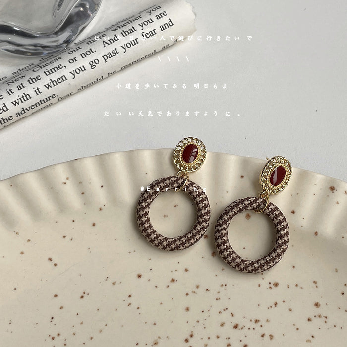 Houndstooth Circle Drop Earrings Red Cabochon Gold Stud
