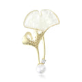 White Shell Effect Ginkgo Leaf Brooch With Pearl Drop view 1