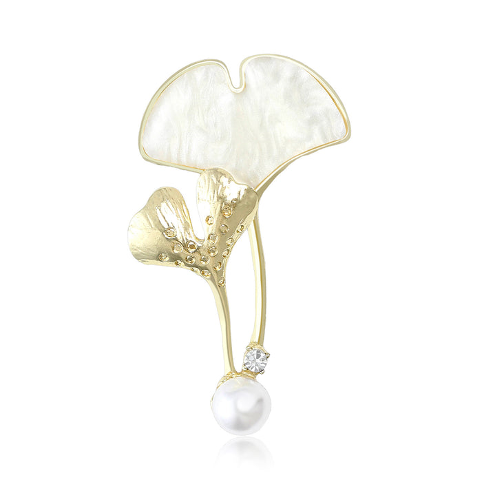 White Shell Effect Ginkgo Leaf Brooch With Pearl Drop