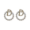 Pearl Trim Letter D Gold Tone Statement Hoop Stud Earrings view 5