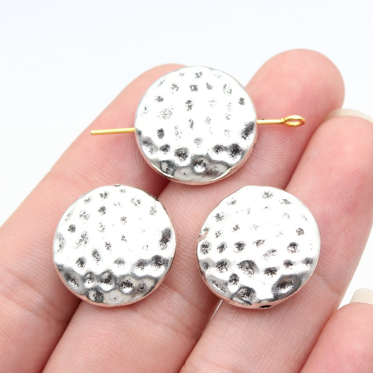 19x19x6mm 6.3g Antique Silver Zinc Alloy Hammered Round Loose Metal Beads with Small Hole for Jewelry Making