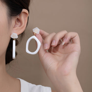 White Open Square Statement Dangle Stud and Clip Earrings