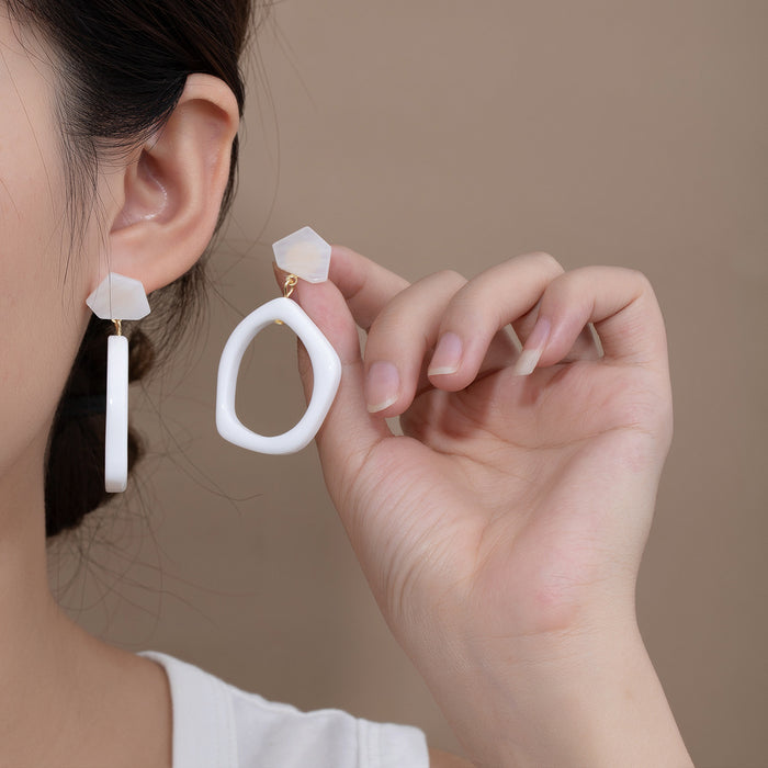 White Open Square Statement Dangle Stud and Clip Earrings