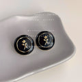 Black Enamel Round Rose Motif Stud Earrings Gold Trim view 1