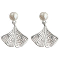 Silver Tone White Pearl Top Ginkgo Leaf Drop Earrings For Women view 5
