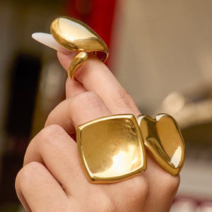 Oversized Heart Teardrop and Square Open Rings in Gold Tone