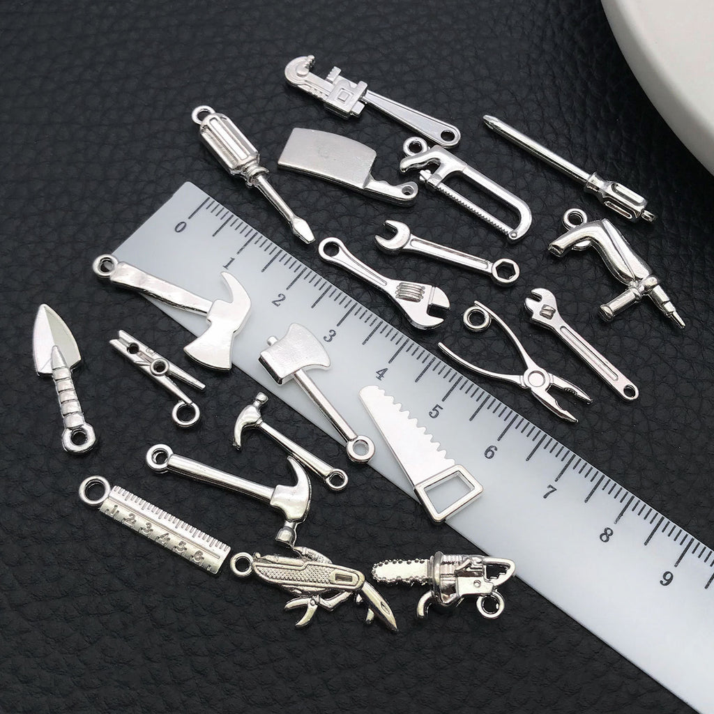 Bright Silver Zinc Alloy Hammer Saw Ruler Tool Charm Pendant for DIY Keychain Jewelry