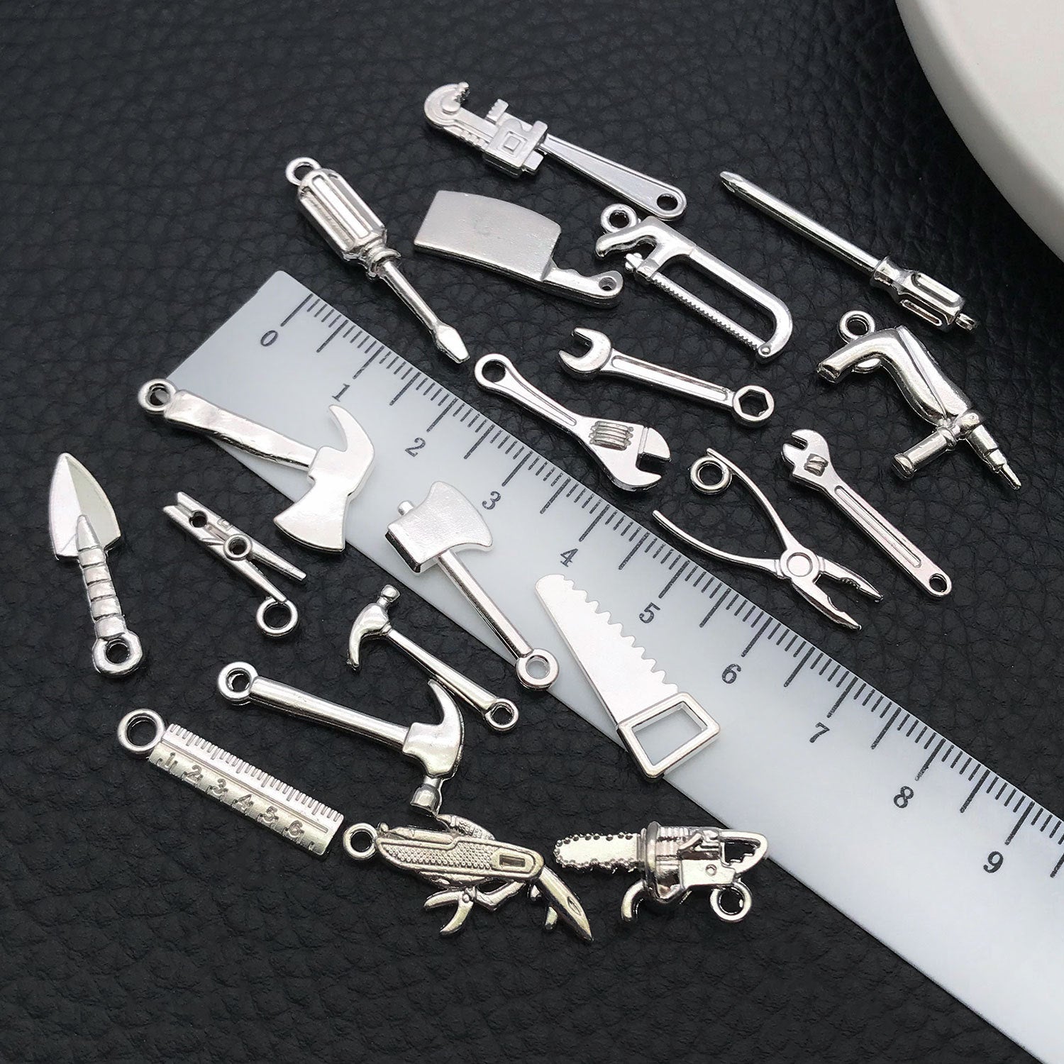 Bright Silver Zinc Alloy Hammer Saw Ruler Tool Charm Pendant for DIY Keychain Jewelry