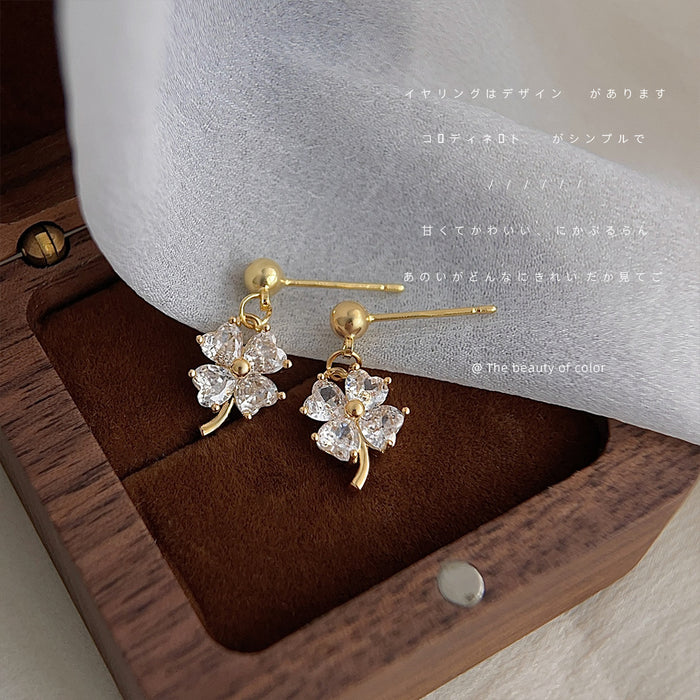 Gold Four-Leaf Clover Clear Crystal Drop Stud Earrings