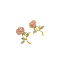 Pink Rose Green Leaf Gold Tone Branch Stud Earrings view 5