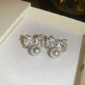 Bow Stud Earrings with Pearl Drops in Black and Silver Tones view 7
