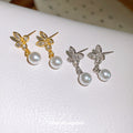 Butterfly and Pearl Drop Stud Earrings in Gold and Silver view 2