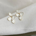 White Enamel Three Petal Flower Drop Earrings Gold Crystal view 3