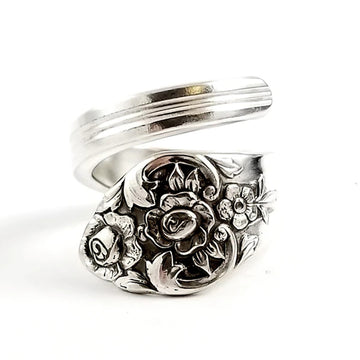 Antique Silver Rose Floral Open Wrap Ring Sizes 5-12