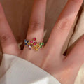 Gold Multicolor Crystal Flower Cluster Open Ring Style view 3