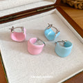Blue and Pink Enamel Wide Hoop Earrings With Silver Tone Closures view 1