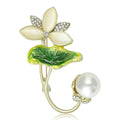 White Lotus Leaf And Pearl Brooch With Green Enamel view 1
