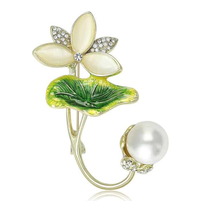 White Lotus Leaf And Pearl Brooch With Green Enamel