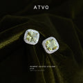Silver Tone Pale Yellow Cushion Stone Clear Halo Stud Earrings view 4