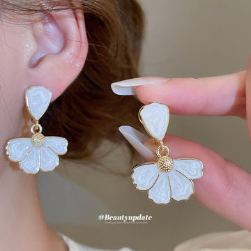 White Enamel Flower Drop Stud Earrings with Gold Tone Edges