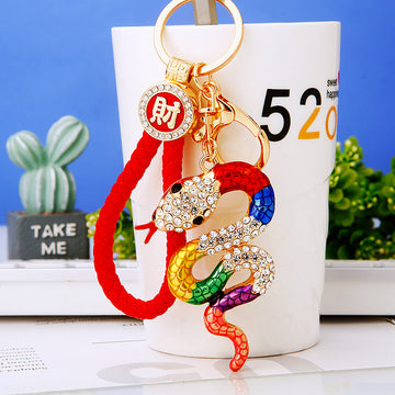 Jeweled Auspicious Snake Keychains with Fortune and Loose Heart Loop Options