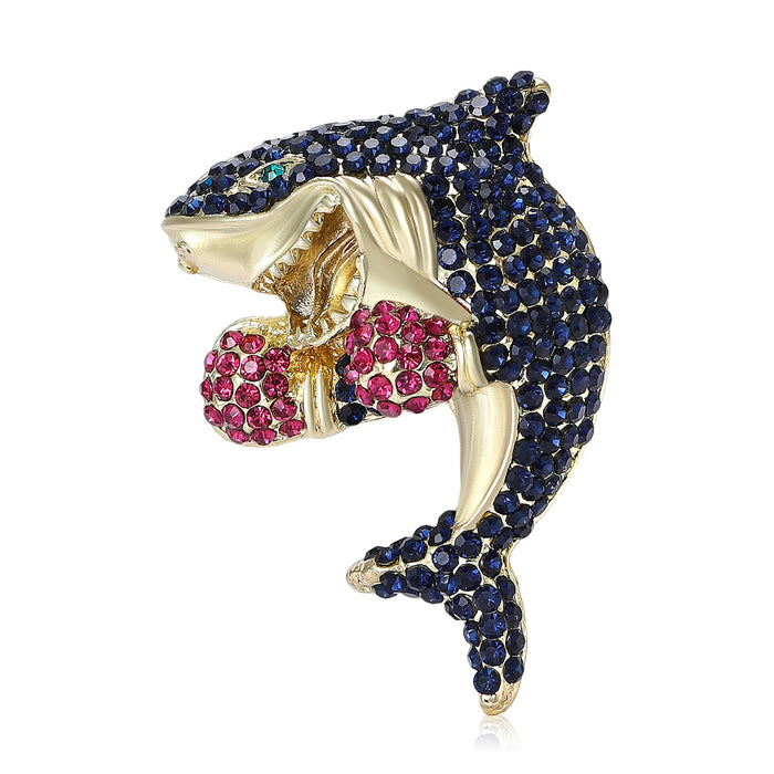 Crystal Boxing Shark Brooch in Navy or Silver Tone