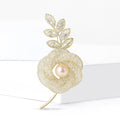 Open Rose Stem Brooch with Clear Crystals and Pearl Center view 2