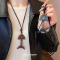 Brown Leather Fishbone Pendant Cord Necklace Silver Accent view 1