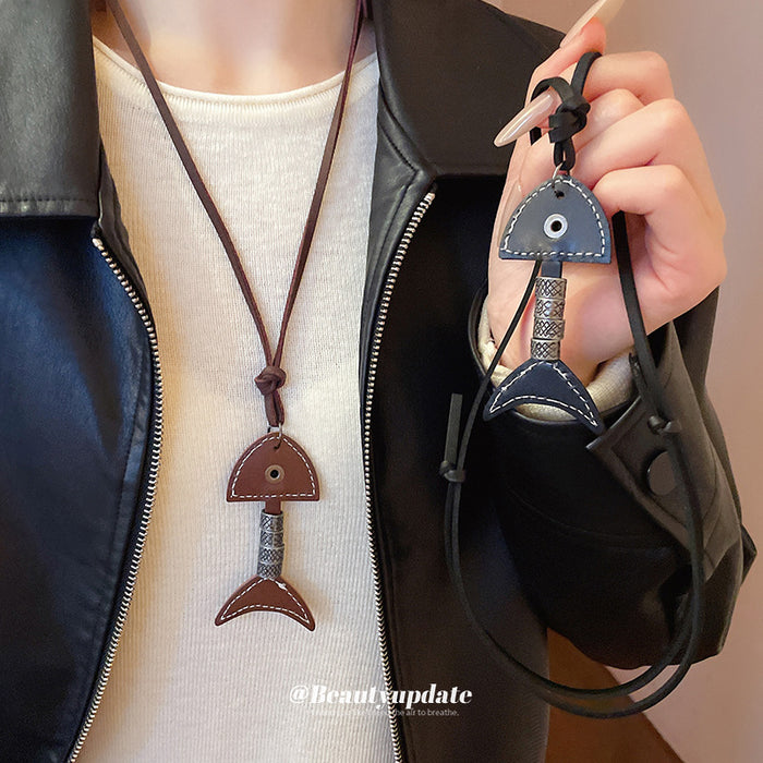 Brown Leather Fishbone Pendant Cord Necklace Silver Accent