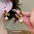 Amber Flower Stud Earrings With Pearl or Crystal Drops view 3