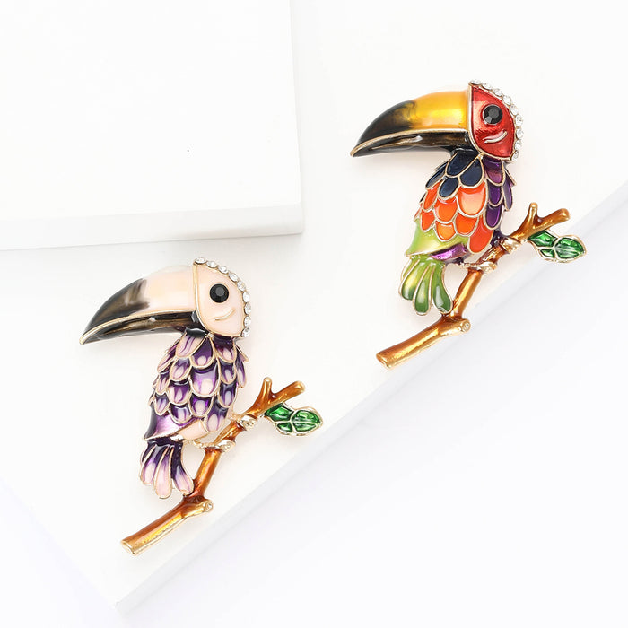 Enamel Toucan on Branch Brooch in Purple or Multicolor