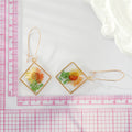 Gold Tone Square Clear Resin Pressed Flower Long Hook Earrings view 2