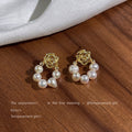 Gold Rose Stud Earrings Freshwater Pearl Open Loop view 3