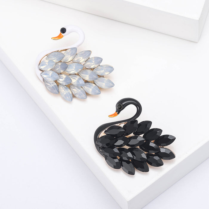 Layered Marquise Crystal Swan Brooch in Black or White
