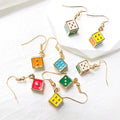 Multicolor Enamel Dice Cube Dangle Earrings Gold Hooks view 2