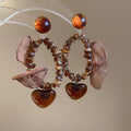 Brown Mesh Pom Pom and Petal Drop Stud Earrings Jewelry Pair view 7