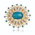 Blue Aqua Gold Tone Sunflower Crystal Metal Brooch Pin view 1