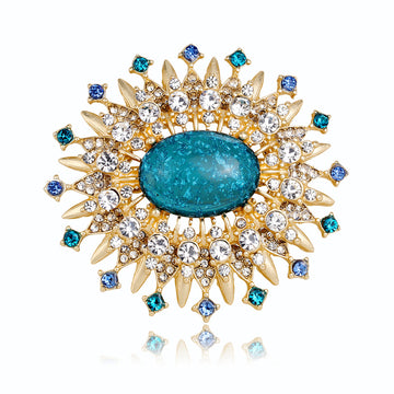 Blue Aqua Gold Tone Sunflower Crystal Metal Brooch Pin