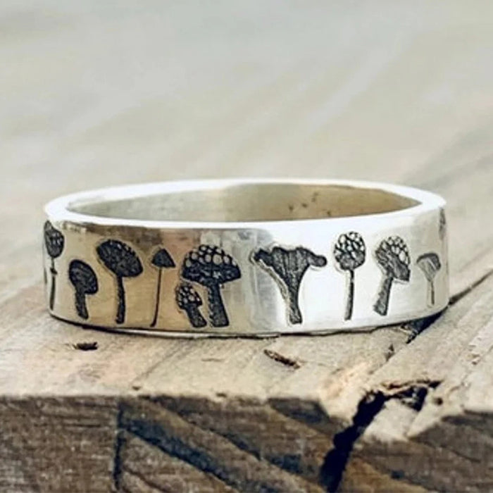 Antique Silver Embossed Mushroom Band Ring Sizes 6-10