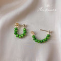 Gold Tone Green Beaded Small Hoop Stud Earrings For Women view 3