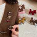 Silver Tone Rocking Horse Brooches Flocked Glossy 4 Colors view 1