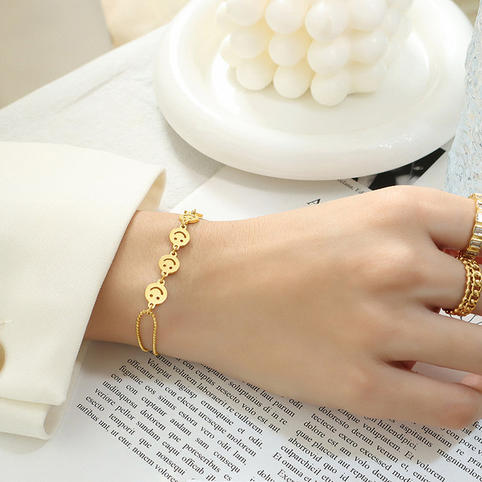 Dual Chain Smiley Face Disc Bracelet Gold Steel Tone
