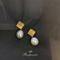 Gold-Tone Ridged Square Stud Baroque Pearl Drop Earrings view 1