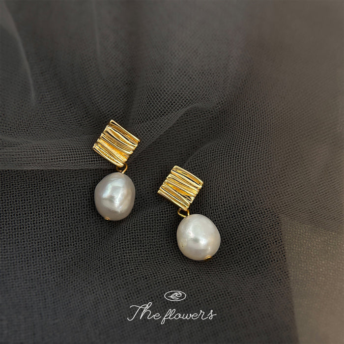 Gold-Tone Ridged Square Stud Baroque Pearl Drop Earrings